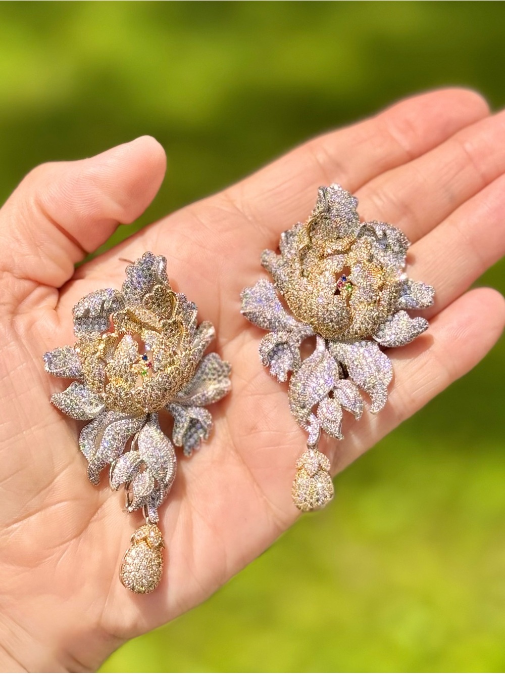 Oversized Pavé Crystal Peony Flower Drop Statement Earrings